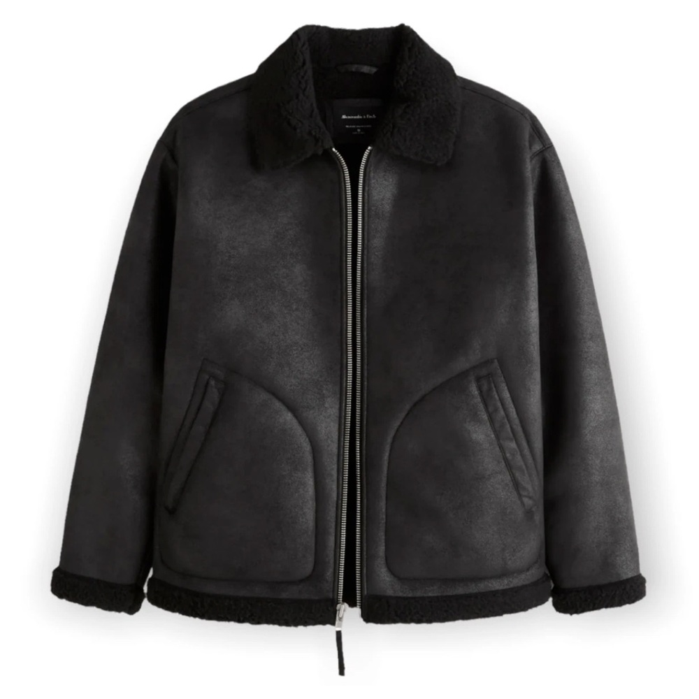 Abercrombie & Fitch Black Faux Suede Sherpa Aviator Bomber Jacket Men’s XXL NWT